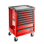 Facom roller cabinet with 8 red drawers and black handles, on caster wheels, ideal for workshop storage.