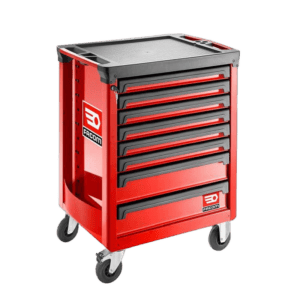 Facom roller cabinet with 8 red drawers and black handles, on caster wheels, ideal for workshop storage.