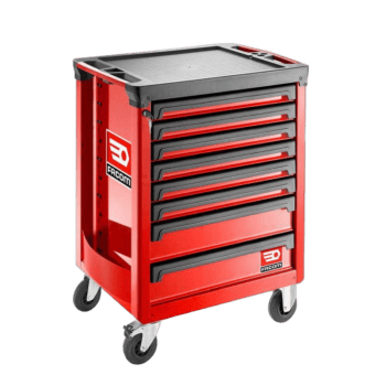 Facom roller cabinet with 8 red drawers and black handles, on caster wheels, ideal for workshop storage.