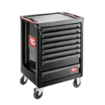 Facom roller cabinet with 8 black drawers and sturdy wheels, ideal for workshop storage and organisation.