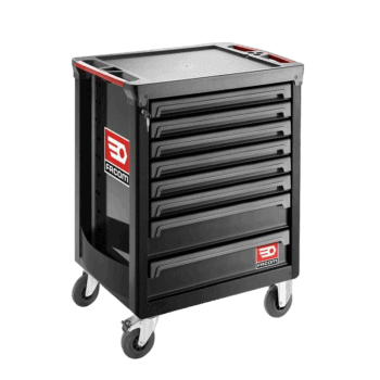 Facom roller cabinet with 8 black drawers and sturdy wheels, ideal for workshop storage and organisation.
