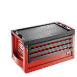 Red and black tool chest with multiple drawers, ideal for racewear and motorsport equipment storage.