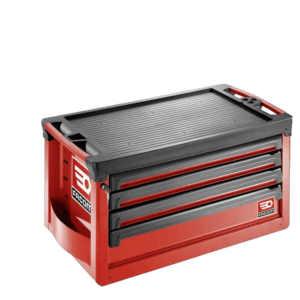 Red and black tool chest with multiple drawers, ideal for racewear and motorsport equipment storage.