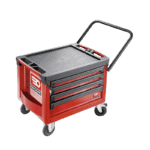 Facom mobile tool chest with four drawers in red, featuring a sturdy handle and caster wheels for easy mobility.