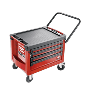 Facom mobile tool chest with four drawers in red, featuring a sturdy handle and caster wheels for easy mobility.