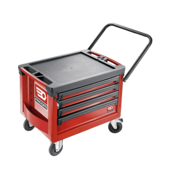 Facom mobile tool chest with four drawers in red, featuring a sturdy handle and caster wheels for easy mobility.