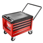 Facom mobile tool chest with four drawers and a handle, red and black colour, on wheels for easy mobility.