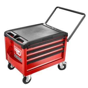 Facom mobile tool chest with four drawers and a handle, red and black colour, on wheels for easy mobility.