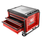 Red Facom tool trolley with three drawers and a black top, ideal for garage or workshop use.