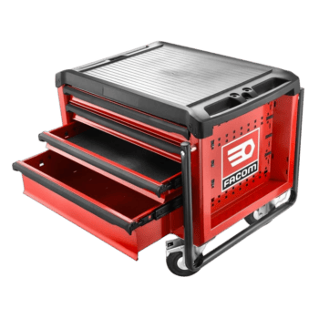 Red Facom tool trolley with three drawers and a black top, ideal for garage or workshop use.