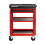 Facom utility cart with three shelves and two drawers, featuring a red and black design, on caster wheels for easy mobility.
