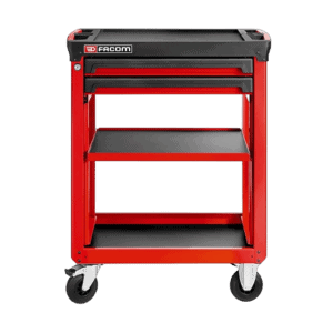 Facom utility cart with three shelves and two drawers, featuring a red and black design, on caster wheels for easy mobility.