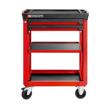 Facom utility cart with three shelves and two drawers, featuring a red and black design, on caster wheels for easy mobility.