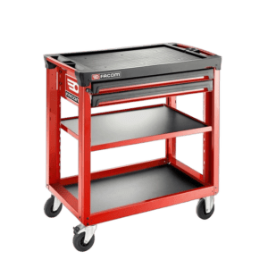 Facom utility cart with three shelves, two drawers, and four wheels for easy mobility, ideal for workshop or garage organisation.