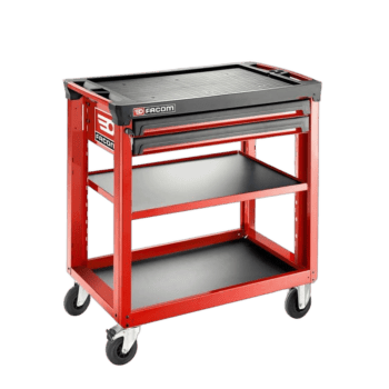 Facom utility cart with three shelves, two drawers, and four wheels for easy mobility, ideal for workshop or garage organisation.