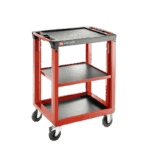 Facom utility cart with three shelves, red frame, black top, and caster wheels for easy mobility.