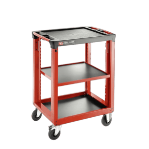 Facom utility cart with three shelves, red frame, black top, and caster wheels for easy mobility.