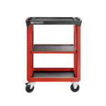 Red FACOM tool trolley with three shelves and four caster wheels, ideal for garage or workshop use.