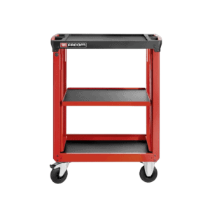 Red FACOM tool trolley with three shelves and four caster wheels, ideal for garage or workshop use.