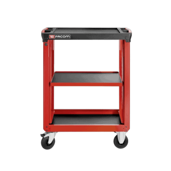 Red FACOM tool trolley with three shelves and four caster wheels, ideal for garage or workshop use.