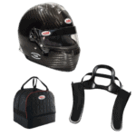 Carbon fibre Bell racing helmet with visor, racing gloves, and a Bell gear bag for motorsport safety and performance.