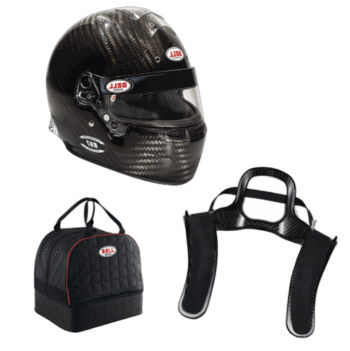 Carbon fibre Bell racing helmet with visor, racing gloves, and a Bell gear bag for motorsport safety and performance.