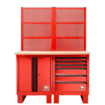 Red professional workshop tool cabinet with multiple drawers and a pegboard for tools, ideal for racewear and motorsport equipment storage.