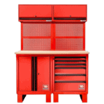 Red professional tool chest with multiple drawers and storage compartments for garage or workshop use.