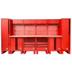 Red Grand Prix Racewear tool storage cabinet with multiple drawers and compartments for racing gear and equipment.