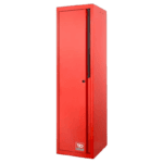 Red Grand Prix Racewear locker cabinet for motorsport safety gear storage.