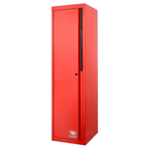 Red Grand Prix Racewear locker cabinet for motorsport safety gear storage.