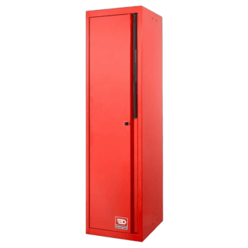 Red Grand Prix Racewear locker cabinet for motorsport safety gear storage.