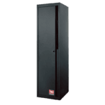 Solid metal cabinet with a black finish and a single door, suitable for industrial or workshop storage.