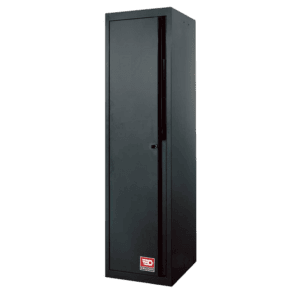 Solid metal cabinet with a black finish and a single door, suitable for industrial or workshop storage.