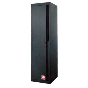 Solid metal cabinet with a black finish and a single door, suitable for industrial or workshop storage.