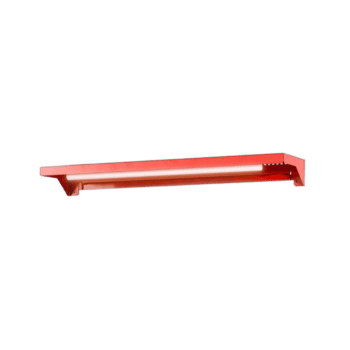 Red Grand Prix Racewear racing helmet display shelf for motorsport gear storage.