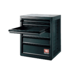 Black metal tool cabinet with multiple drawers and a pull-out tray, suitable for garage or workshop storage.