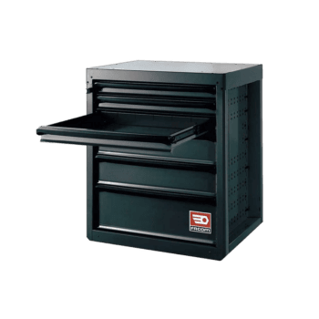 Black metal tool cabinet with multiple drawers and a pull-out tray, suitable for garage or workshop storage.