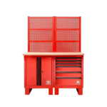 Red Grand Prix Racewear tool cabinet with multiple drawers and a pegboard for racing gear storage.