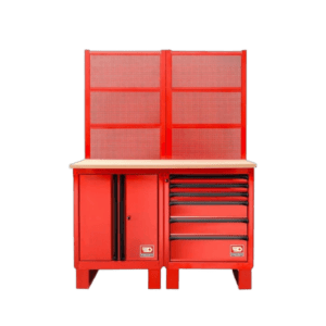 Red Grand Prix Racewear tool cabinet with multiple drawers and a pegboard for racing gear storage.