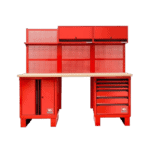Red professional workbench with storage cabinets and drawers, ideal for automotive or racing workshop environments.