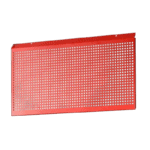 Red pegboard with evenly spaced holes, ideal for organising tools and accessories in a workshop or garage.