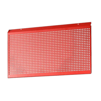 Red pegboard with evenly spaced holes, ideal for organising tools and accessories in a workshop or garage.