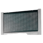 Perforated metal barrier used in motorsport safety and track design, featuring a grid pattern for visibility and protection.