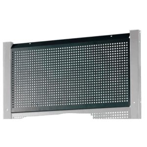 Perforated metal barrier used in motorsport safety and track design, featuring a grid pattern for visibility and protection.