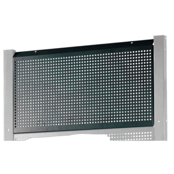 Perforated metal barrier used in motorsport safety and track design, featuring a grid pattern for visibility and protection.