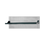 Racing helmet display shelf with perforated backing for Grand Prix Racewear promotional setup.