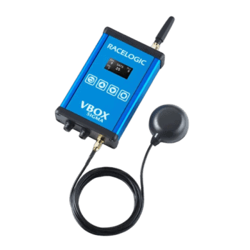 RaceLogic VBOX Sigma RTK module with display and antenna, used for high-precision racing data collection.