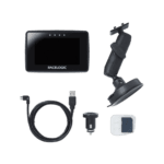 Racelogic GPS data logger and accessories for motorsport performance analysis, including mount, USB cable, and sensor.