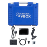 RaceLogic VBOX racing data logger kit with blue case, GPS device, and accessories for motorsport performance analysis.